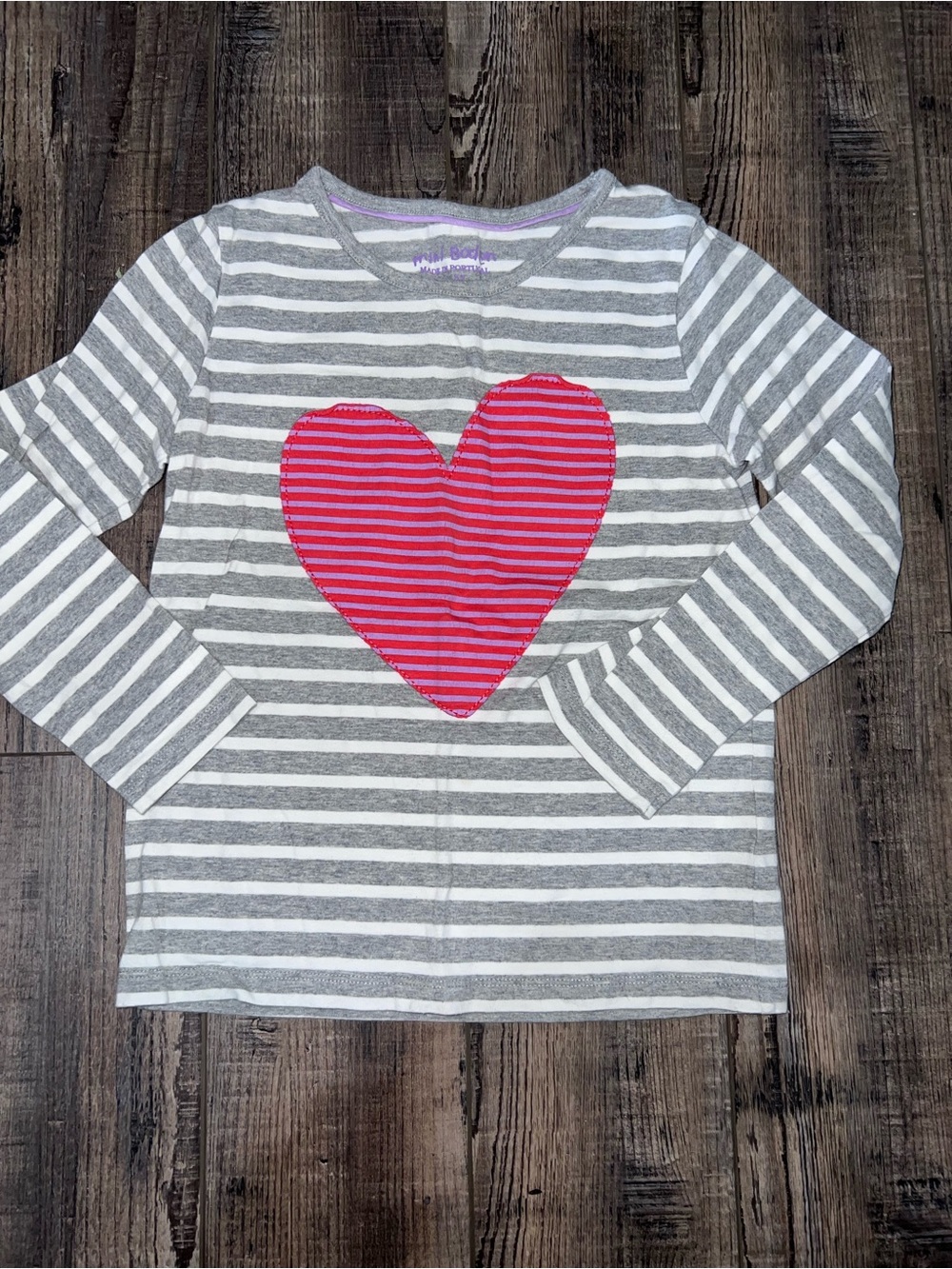 Mini Boden Girls' Gray & White Stripe Long-Sleeve Top with Pink Heart Applique